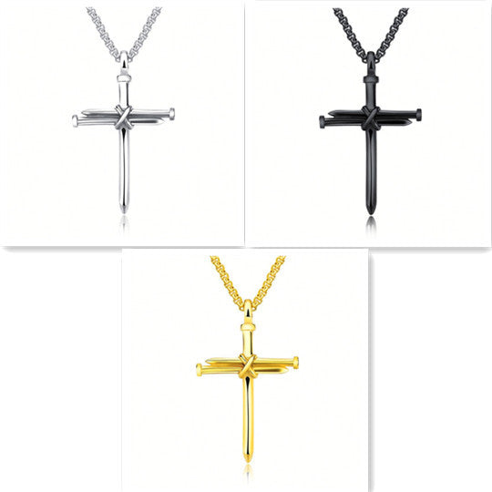 Men's Jewelry Black Gold Silver Stainless Steel Necklace Men Nail Cross Pendant-Chain