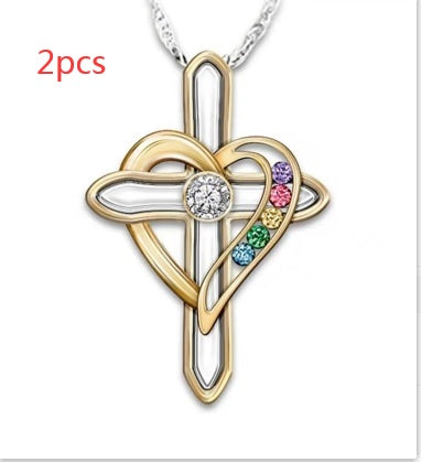 Cross Love Colorful Imitation Gemstone Pendant Alloy Clavicle Chain